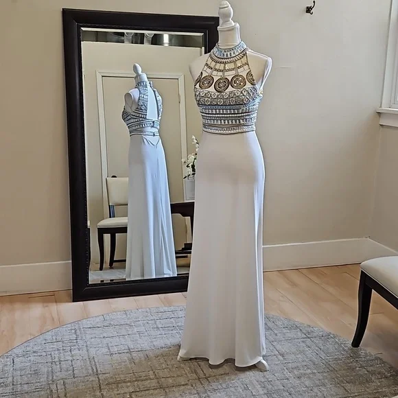 Sherri Hill Dresses | Size 6 White Sherri Hill Gown With Blue And Bronze Color Tone Beadwork | Color: Blue/White | Size: 6 | Js2ndhand's Closet